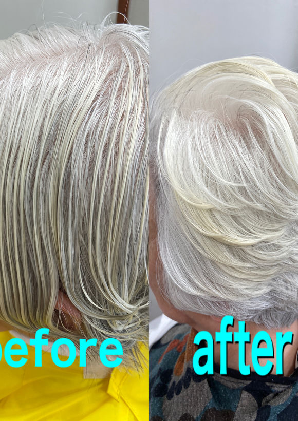 白髪の黄ばみやくすみが気になる グレイヘアスタイルの方に 川越のヘアサロンは店内や仕上がりの様子 販売商品の紹介をしております